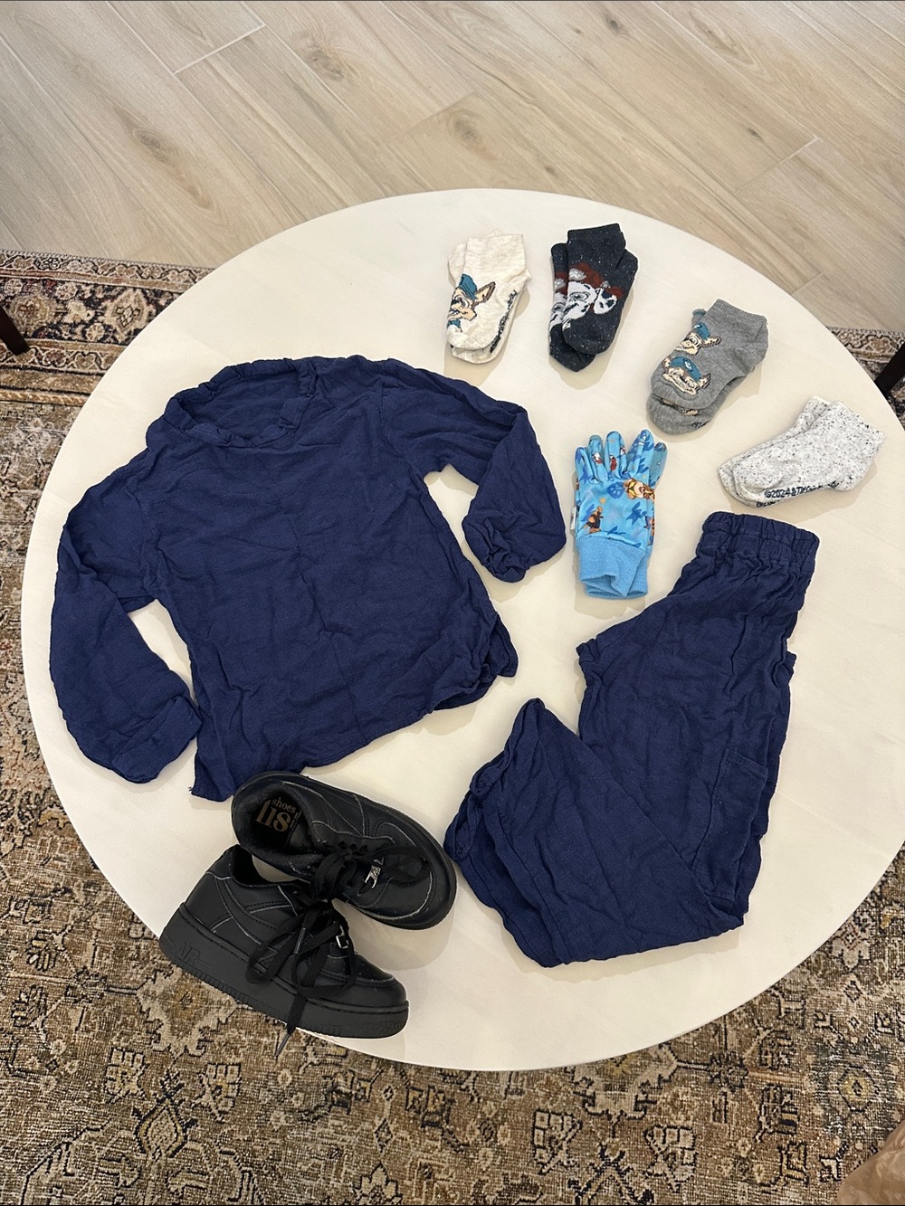 Navy Blue Two-Piece Kids linen Outfit with Black Sneakers bundle
